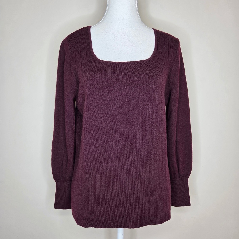 Talbots Petite Burgundy Merino Wool Square Neck Puff Sleeve Ribbed Sweater LP